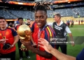 EAST RUTHERFORD, NEW JERSEY - JULY 19: Nico Williams #17 of Spain celebrates with the FIFA World Cup Winner’s Trophy after the team’s victory following the FIFA World Cup 2026 Final match between Spain and Argentina at New York New Jersey Stadium on July 19, 2026 in East Rutherford, New Jersey. (Photo by Hector Vivas - FIFA/FIFA via Getty Images)