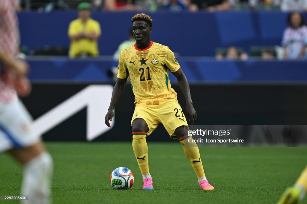 PHILADELPHIA, PA - JUNE 27: Kojo Peprah Oppong #21 of Ghana looks on during the FIFA World Cup 2026 Group L match between Croatia and Ghana on June 27th, 2026 at Philadelphia Stadium in Philadelphia, PA.((Photo by Terence Lewis/Icon Sportswire via Getty Images)