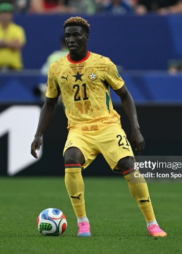 PHILADELPHIA, PA - JUNE 27: Kojo Peprah Oppong #21 of Ghana looks on during the FIFA World Cup 2026 Group L match between Croatia and Ghana on June 27th, 2026 at Philadelphia Stadium in Philadelphia, PA.((Photo by Terence Lewis/Icon Sportswire via Getty Images)
