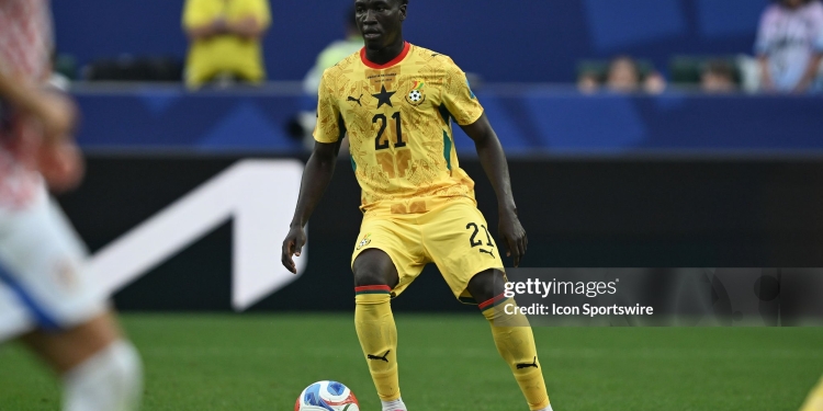 PHILADELPHIA, PA - JUNE 27: Kojo Peprah Oppong #21 of Ghana looks on during the FIFA World Cup 2026 Group L match between Croatia and Ghana on June 27th, 2026 at Philadelphia Stadium in Philadelphia, PA.((Photo by Terence Lewis/Icon Sportswire via Getty Images)