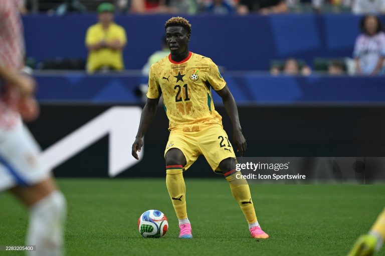 PHILADELPHIA, PA - JUNE 27: Kojo Peprah Oppong #21 of Ghana looks on during the FIFA World Cup 2026 Group L match between Croatia and Ghana on June 27th, 2026 at Philadelphia Stadium in Philadelphia, PA.((Photo by Terence Lewis/Icon Sportswire via Getty Images)
