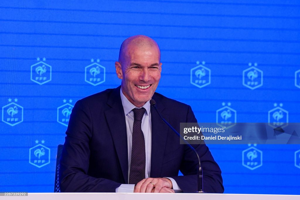 Headcoach of France Zinedine ZIDANE during the press conference of the new National Coach of France at Siege de la FFF on July 28, 2026 in Paris, France. (Photo by Daniel Derajinski/Icon Sport via Getty Images)