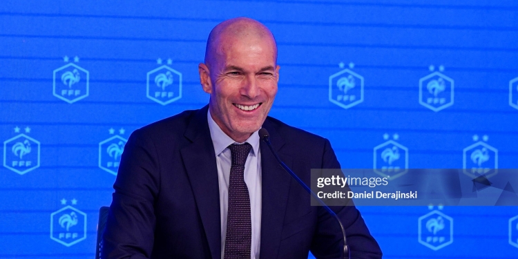 Headcoach of France Zinedine ZIDANE during the press conference of the new National Coach of France at Siege de la FFF on July 28, 2026 in Paris, France. (Photo by Daniel Derajinski/Icon Sport via Getty Images)