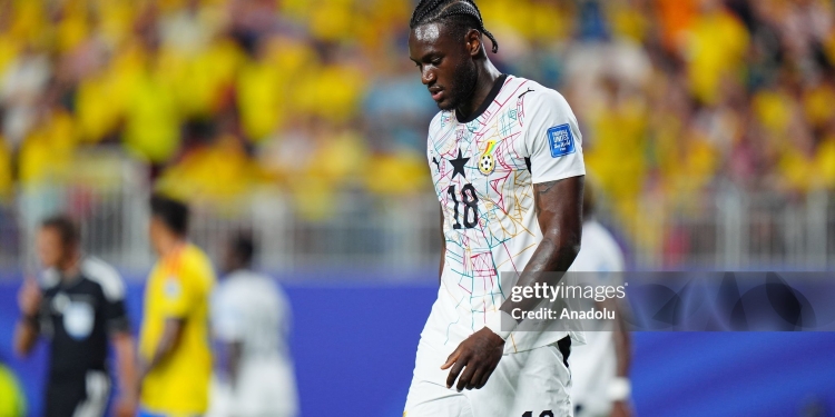 KANSAS CITY, UNITED STATES - JULY 3: Jerome Opoku (18) of Ghana looks on during the 2026 FIFA World Cup Round of 32 match between Colombia and Ghana at Arrowhead Stadium (Kansas City Stadium) in Kansas City, Missouri, United States on July 3, 2026. (Photo by Hakan Akgun/Anadolu via Getty Images)