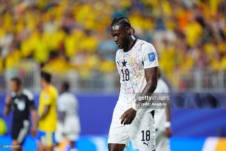 KANSAS CITY, UNITED STATES - JULY 3: Jerome Opoku (18) of Ghana looks on during the 2026 FIFA World Cup Round of 32 match between Colombia and Ghana at Arrowhead Stadium (Kansas City Stadium) in Kansas City, Missouri, United States on July 3, 2026. (Photo by Hakan Akgun/Anadolu via Getty Images)