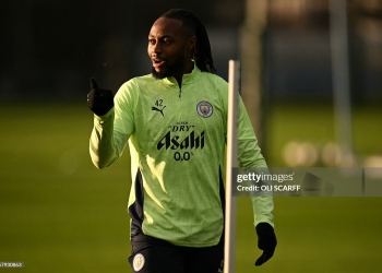Manchester City's Ghanaian midfielder #42 Antoine Semenyo reacts as he takes part in a training session at the Etihad Campus training ground in Manchester, north-west England, on January 27, 2026, on the eve of their UEFA Champions League, league stage football match against Galatasaray. (Photo by Oli SCARFF / AFP via Getty Images)