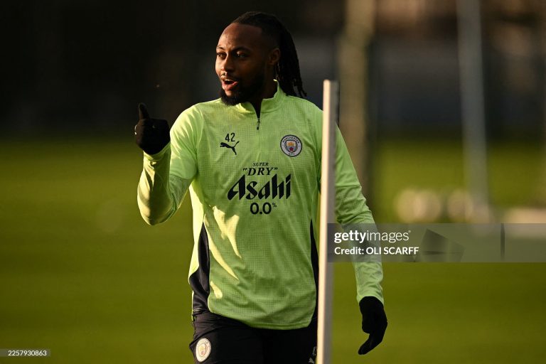 Manchester City's Ghanaian midfielder #42 Antoine Semenyo reacts as he takes part in a training session at the Etihad Campus training ground in Manchester, north-west England, on January 27, 2026, on the eve of their UEFA Champions League, league stage football match against Galatasaray. (Photo by Oli SCARFF / AFP via Getty Images)