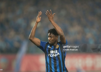 NANJING, CHINA - APRIL 01:  Richmond Boakye #38 of Jiangsu Suning FC in action during the 2018 Chinese Super League match between Jiangsu Suning and Tianjin Teda at Nanjing Olympic Sports Center on April 1, 2018 in Nanjing, China.  (Photo by XIN LI/Getty Images)
