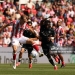 STOKE ON TRENT, ENGLAND - AUGUST 15: Stoke City's Svante Ingelsson shields the ball from Swansea City's Joseph Opoku during the Sky Bet Championship 2026/27 match between Stoke City and Swansea City at Bet365 Stadium on August 15, 2026 in Stoke on Trent, England. (Photo by Stephen White - CameraSport via Getty Images)