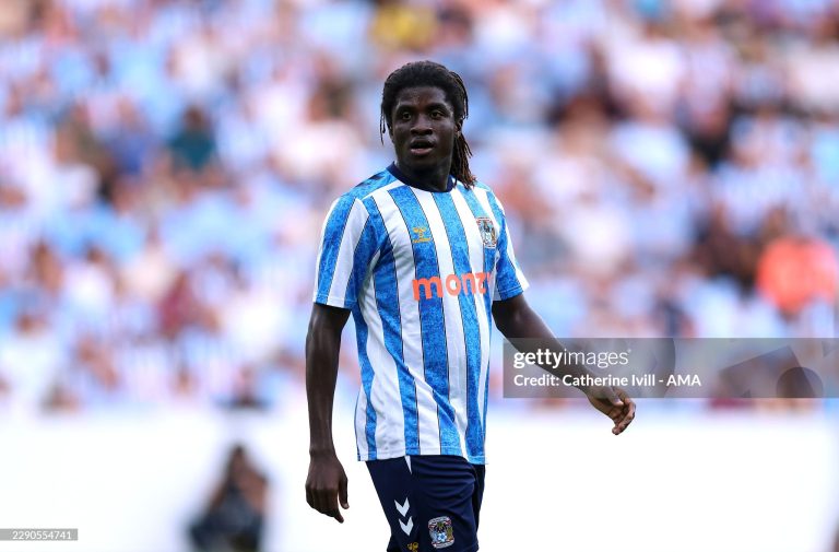COVENTRY, ENGLAND - AUGUST 14: Caleb Yirenkyi of Coventry City during the pre-season friendly match between Coventry City and AS Monaco at The Coventry Building Society Arena on August 14, 2026 in Coventry, England. (Photo by Catherine Ivill - AMA/Getty Images)