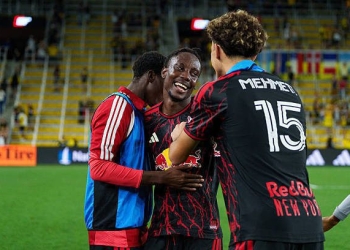COLUMBUS, OHIO - SEPTEMBER 12: Ronald Donkor #48 of Red Bull New York celebrates after winning the match against Columbus Crew at ScottsMiracle-Gro Field on September 12, 2026 in Columbus, Ohio. (Photo by Chris Carter/Getty Images)