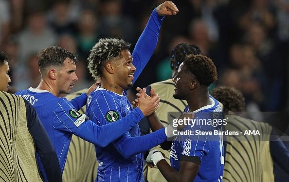 BRIGHTON, ENGLAND - OCTOBER 15: Georginio Rutter of Brighton & Hove Albion celebrates scoring their second goal with Ibrahim Osman during the UEFA Conference League 2026/27 League Phase MD1 match between Brighton & Hove Albion and FK Kauno Zalgiris at Brighton & Hove Albion Stadium on October 15, 2026 in Brighton, England. (Photo by Steve Bardens - AMA/Getty Images)