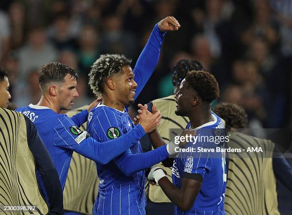 BRIGHTON, ENGLAND - OCTOBER 15: Georginio Rutter of Brighton & Hove Albion celebrates scoring their second goal with Ibrahim Osman during the UEFA Conference League 2026/27 League Phase MD1 match between Brighton & Hove Albion and FK Kauno Zalgiris at Brighton & Hove Albion Stadium on October 15, 2026 in Brighton, England. (Photo by Steve Bardens - AMA/Getty Images)
