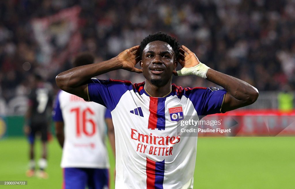 DECINES-CHARPIEU, FRANCE - OCTOBER 15: Ernest Nuamah of Olympique Lyonnais celebrates scoring his team’s second goal during the UEFA Europa League 2026/27 League Phase MD2 match between Olympique Lyonnais and Crystal Palace FC at OL Stadium on October 15, 2026 in Decines-Charpieu, France. (Photo by Pauline Figuet/Getty Images)