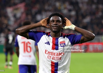 DECINES-CHARPIEU, FRANCE - OCTOBER 15: Ernest Nuamah of Olympique Lyonnais celebrates scoring his team’s second goal during the UEFA Europa League 2026/27 League Phase MD2 match between Olympique Lyonnais and Crystal Palace FC at OL Stadium on October 15, 2026 in Decines-Charpieu, France. (Photo by Pauline Figuet/Getty Images)