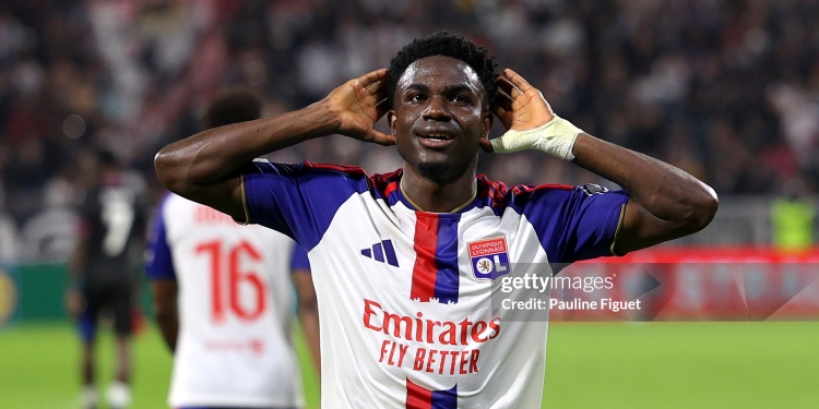 DECINES-CHARPIEU, FRANCE - OCTOBER 15: Ernest Nuamah of Olympique Lyonnais celebrates scoring his team’s second goal during the UEFA Europa League 2026/27 League Phase MD2 match between Olympique Lyonnais and Crystal Palace FC at OL Stadium on October 15, 2026 in Decines-Charpieu, France. (Photo by Pauline Figuet/Getty Images)