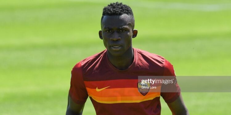 ROME, ITALY - APRIL 24: Felix Ohene Afena Gyan of AS Roma U19 gestures during the Coppa Italia Primavera match between AS Roma U19 and SS Lazio U19 at on April 24, 2021 in Rome, Italy. (Photo by Silvia Lore/Getty Images)