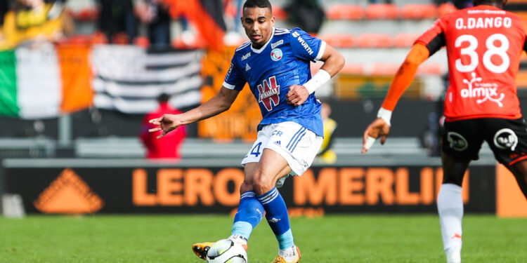 Alexander DJIKU of Strasbourg during the Ligue 1 Uber Eats match between Lorient and Strasbourg at Stade du Moustoir on March 20, 2022 in Lorient, France. (Photo by Maxime Le Pihif/Icon Sport)