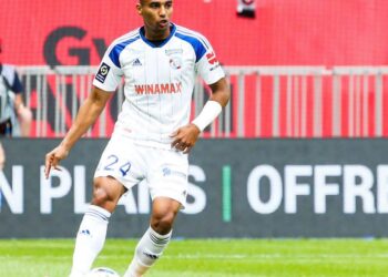 Ghana’s Alexander Djiku reacts to Strasbourg first win in French Ligue 1 at Angers