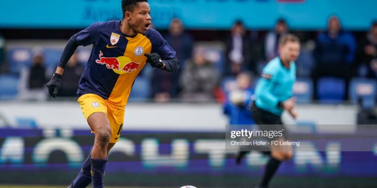 AMSTETTEN, AUSTRIA - MARCH 05: Lawrence Agyekum of FC Liefering in action during the 2. Liga match between SKU Amstetten and FC Liefering at Ertl Glas-Stadion on March 5, 2022 in Amstetten, Austria. (Photo by Christian Hofer - FC Liefering/FC Liefering via Getty Images)