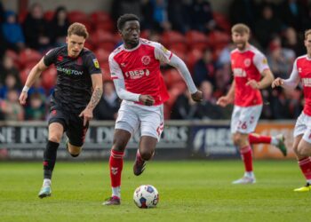 Ghanaian midfielder Brendan Wiredu reacts after Fleetwood Town win against Lincoln City