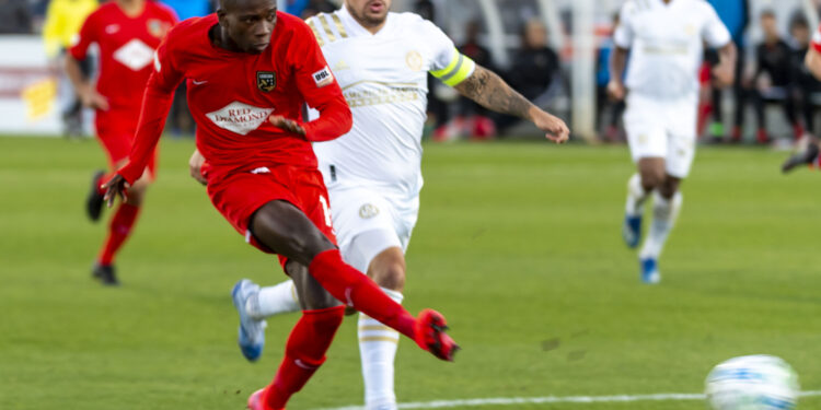 Birmingham Legion FC forward Rudolf Mensah (14) scores a goal during the second half of the Atlanta United FC at Birmingham Legion FC pro soccer exhibition game, Saturday, Feb. 8, 2020, at BBVA Compass Field in Birmingham, Ala.
(Photo by Vasha Hunt)