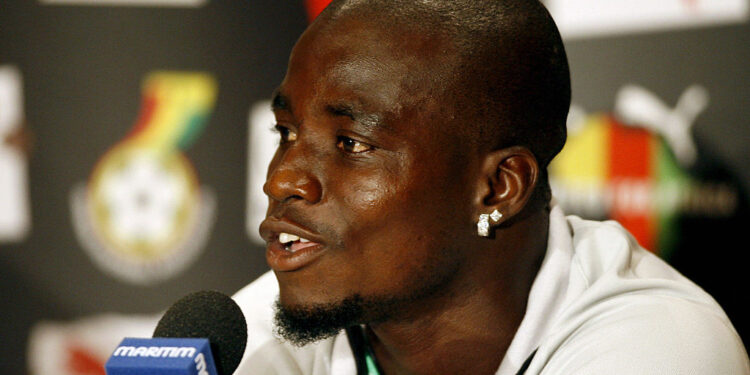 W?rzburg, GERMANY:  Ghanaian midfielder and captain Stephen Appiah addresses a press conference in Wurzburg, 10 June 2006, ahead of his team's first match in the FIFA World Cup. Ghana will play their first match against Italy in a Group E match in Hannover.    AFP PHOTO/ PIUS UTOMI EKPEI  (Photo credit should read PIUS UTOMI EKPEI/AFP via Getty Images)