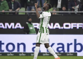 Kwabena Owusu reacts after scoring in Ferencvaros UEFA Europa Conference League victory
