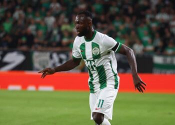 Ghanaian forward Kwabena Owusu reacts to his goal in Ferencvárosi win