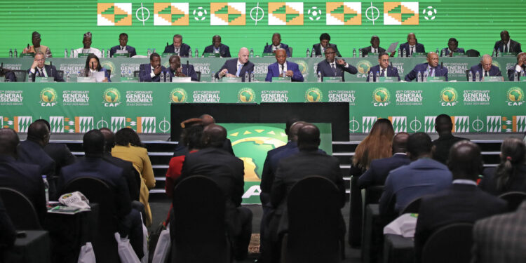 Gianni Infantino, FIFA President, Patrice Motsepe, CAF President, Veron Mosengo-Omba, CAF General Secretary and CAF Executive Committee during the 2023 45th CAF Ordinary General Assembly at Sofitel Hotel in Abidjan, Ivory Coast 12 July 2023 at Marks Park © Samuel Shivambu/BackpagePix
