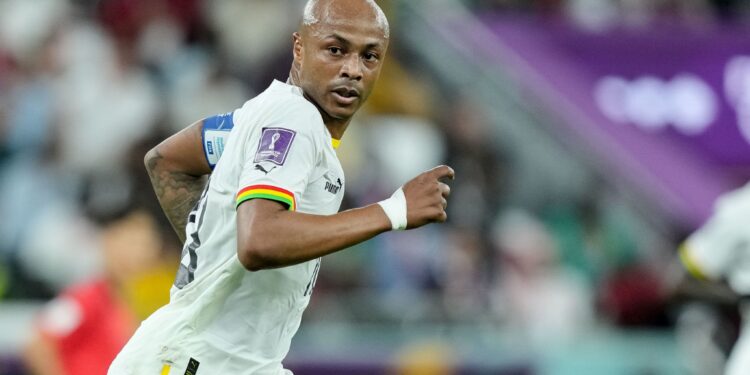 AL RAYYAN, QATAR - NOVEMBER 28: Andre Ayew of Ghana looks on during the FIFA World Cup Qatar 2022 Group H match between Korea Republic and Ghana at Education City Stadium on November 28, 2022 in Al Rayyan, Qatar. (Photo by Mohammad Karamali/DeFodi Images via Getty Images)