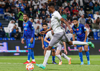 Ghana midfielder Bernard Mensah reacts after firing Al Tai to victory in Saudi Professional League