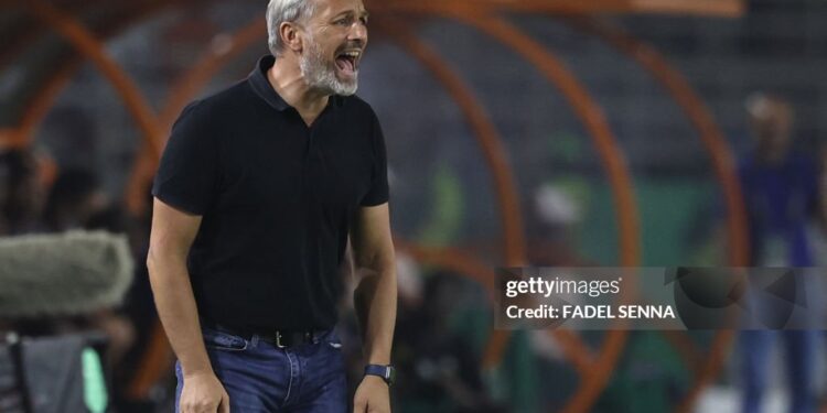 DR Congo's French head coach Sebastien Desabre shouts instructions to his players from the touchline during the Africa Cup of Nations (CAN) 2024 group F football match between Tanzania and Democratic Republic of Congo at the Amadou Gon Coulibaly Stadium in Korhogo on January 24, 2024. (Photo by Fadel Senna / AFP) (Photo by FADEL SENNA/AFP via Getty Images)