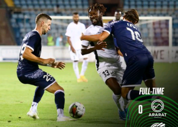 Eric Ocansey plays 86 minutes in Ararat Armenia’s narrow loss to Puskas FC Academy