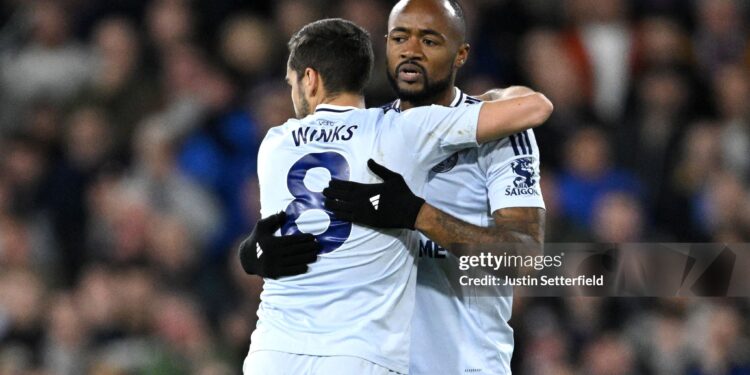 IPSWICH, ENGLAND - NOVEMBER 02: Jordan Ayew of Leicester City celebrates scoring his team's first goal with teammate Harry Winks of Leicester City during the Premier League match between Ipswich Town FC and Leicester City FC at Portman Road on November 02, 2024 in Ipswich, England. (Photo by Justin Setterfield/Getty Images)