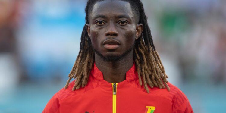 AL RAYYAN, QATAR - NOVEMBER 28: Gideon Mensah of Ghana ahead of the FIFA World Cup Qatar 2022 Group H match between Korea Republic and Ghana at Education City Stadium on November 28, 2022 in Al Rayyan, Qatar. (Photo by Visionhaus/Getty Images)