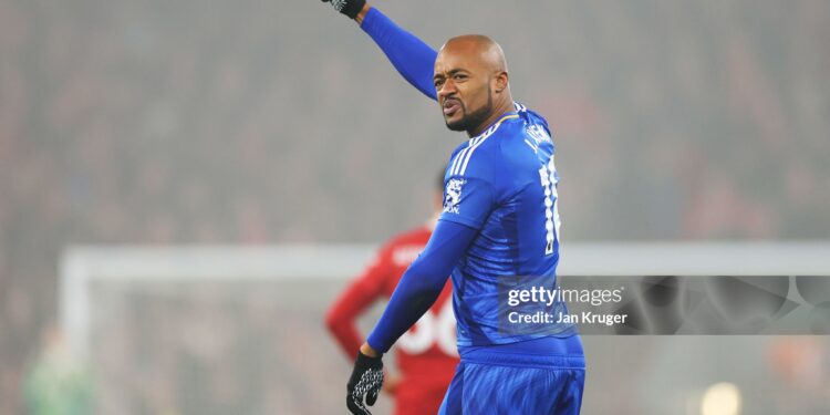 LIVERPOOL, ENGLAND - DECEMBER 26: Jordan Ayew of Leicester City celebrates scoring his team's first goal during the Premier League match between Liverpool FC and Leicester City FC at Anfield on December 26, 2024 in Liverpool, England. (Photo by Jan Kruger/Getty Images)