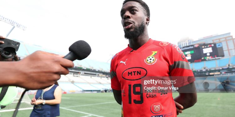 CHARLOTTE, NORTH CAROLINA - OCTOBER 13: Iñaki Williams of Ghana speaks to the media during a mix zone ahead of the friendly martch against Mexico at Bank of America Stadium on October 13, 2023 in Charlotte, North Carolina. (Photo by Omar Vega/Getty Images)