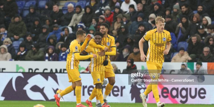 LEICESTER, ENGLAND - DECEMBER 8:  Brighton & Hove Albion's Tariq Lamptey (2nd from left) celebrates scoring the opening goal during the Premier League match between Leicester City FC and Brighton & Hove Albion FC at The King Power Stadium on December 8, 2024 in Leicester, England. (Photo by Stephen White - CameraSport via Getty Images)