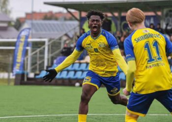 Ghanaian youngster Emmanuel Agyemang scores for Plungės FK Babrungas in Lithuania