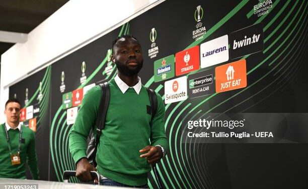 FLORENCE, ITALY - OCTOBER 05: Owusu Kwabena of Ferencvarosi TC arrives at the stadium prior to the UEFA Europa Conference League match between ACF Fiorentina and Ferencvarosi TC at Stadio Artemio Franchi on October 05, 2023 in Florence, Italy. (Photo by Tullio Puglia - UEFA/UEFA via Getty Images)