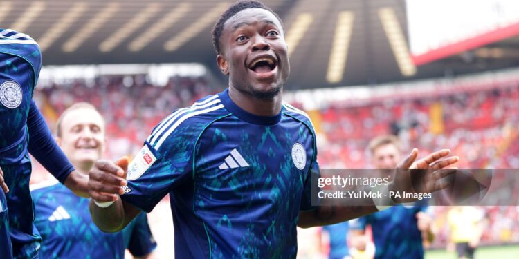 Leicester City's Issahaku Fatawu celebrates with teammates after scoring his side's first goal during the Sky Bet Championship match at The Valley, Charlton. Picture date: Saturday August 23, 2025. (Photo by Yui Mok/PA Images via Getty Images)