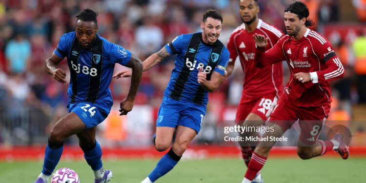 LIVERPOOL, ENGLAND - AUGUST 15: Antoine Semenyo of AFC Bournemouth breaks away from Dominik Szoboszlai of Liverpool during the Premier League match between Liverpool and Bournemouth at Anfield on August 15, 2025 in Liverpool, England. (Photo by Michael Steele/Getty Images)