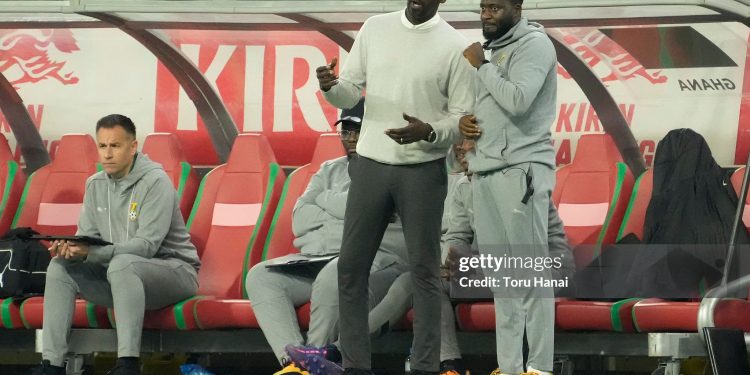 TOYOTA, JAPAN - NOVEMBER 14: Head coach Otto Addo of Ghana (L) discusses with his assistance during the international friendly match between Japan and Ghana at Toyota Stadium on November 14, 2025 in Toyota, Aichi, Japan. (Photo by Toru Hanai/Getty Images)